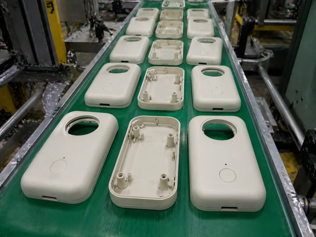 ABS consumer product housing parts after injection molding on conveyor belt