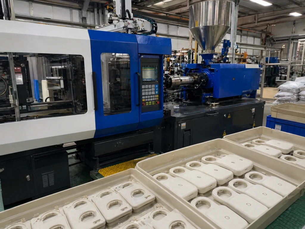 Injection molding machine site producing ABS consumer product housing parts