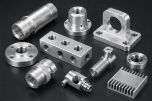 Aluminum CNC machined parts including fittings housings brackets and threaded components