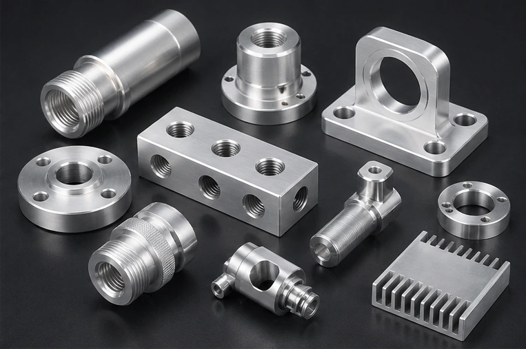 Aluminum CNC machined parts including fittings housings brackets and threaded components