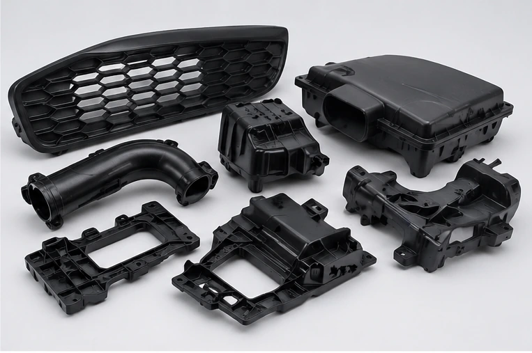 Automotive plastic injection molded parts including housings brackets ducts and covers