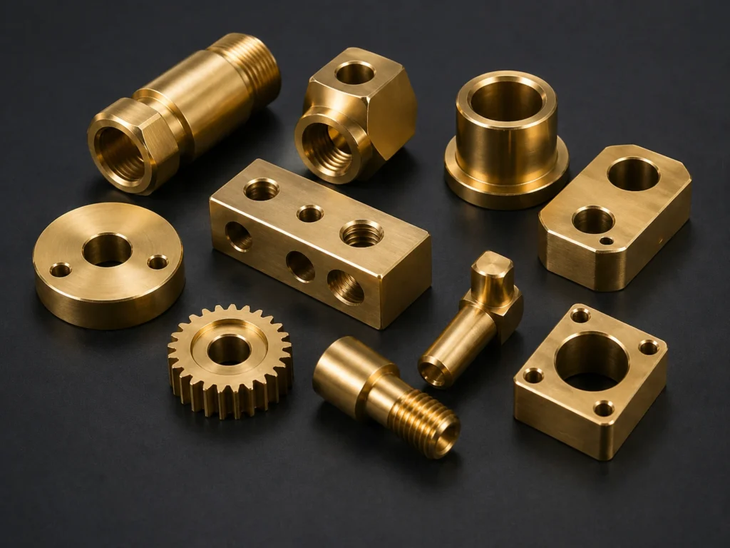Brass CNC machined parts including fittings connectors gears and threaded components