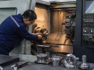 Chinese technician checking CNC lathe machining process in workshop