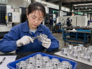 Chinese quality inspector measuring a CNC machined aluminum part with caliper