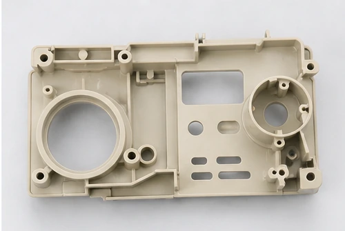 Top view of injection molded plastic functional part showing holes slots and internal ribs