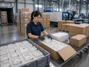 Chinese worker packaging injection molded plastic parts for shipment in a factory