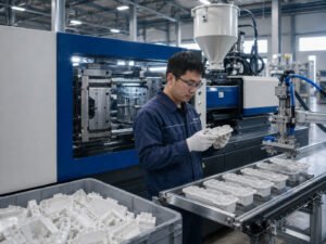 Chinese technician inspecting molded plastic parts beside an injection molding machine