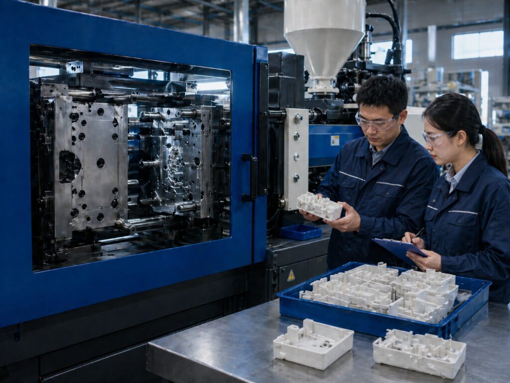 Chinese engineers reviewing injection molded plastic samples during mold trial