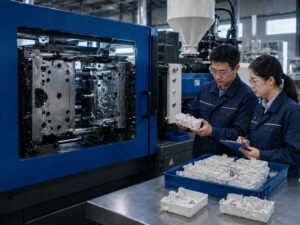 Chinese engineers reviewing injection molded plastic samples during mold trial