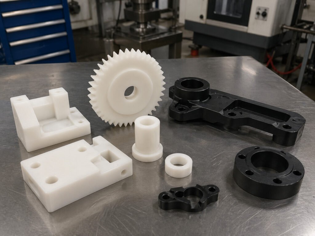 Nylon machined plastic parts including gears bushings brackets and functional components