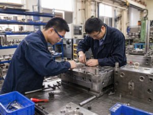 Chinese technicians assembling and checking a plastic injection mold in a workshop