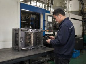 Chinese technician inspecting a plastic injection mold beside an injection molding machine