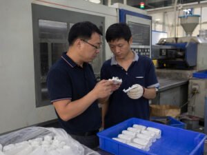 Chinese workers reviewing plastic molded samples during mold trial