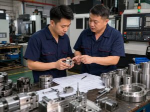 Chinese technicians reviewing precision CNC machined metal parts