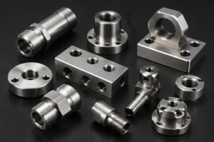 Stainless steel CNC machined parts including fittings blocks brackets and threaded components