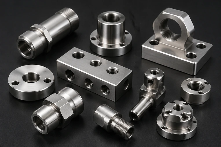 Stainless steel CNC machined parts including fittings blocks brackets and threaded components