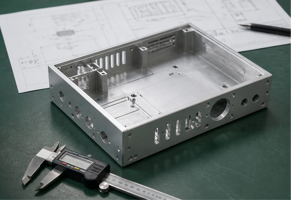 Finished CNC machined aluminum housing placed on an inspection table with caliper and technical drawing