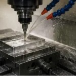 CNC machining process for an aluminum housing with cutting tool and coolant during production
