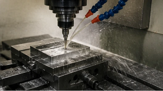 CNC machining process for an aluminum housing with cutting tool and coolant during production