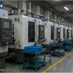 CNC machining workshop with production equipment and organized factory floor for aluminum parts manufacturing