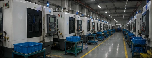 CNC machining workshop with production equipment and organized factory floor for aluminum parts manufacturing