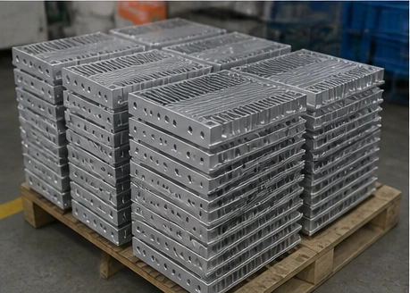 Batch of finished CNC machined aluminum housings stacked on a pallet before final delivery