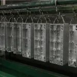 Aluminum housing parts hanging on a rack during surface treatment process in the factory