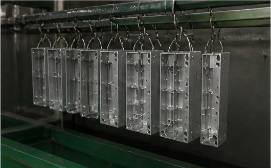 Aluminum housing parts hanging on a rack during surface treatment process in the factory
