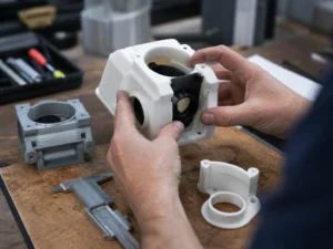 Technician checking the assembly fit of 3D printed plastic prototype parts