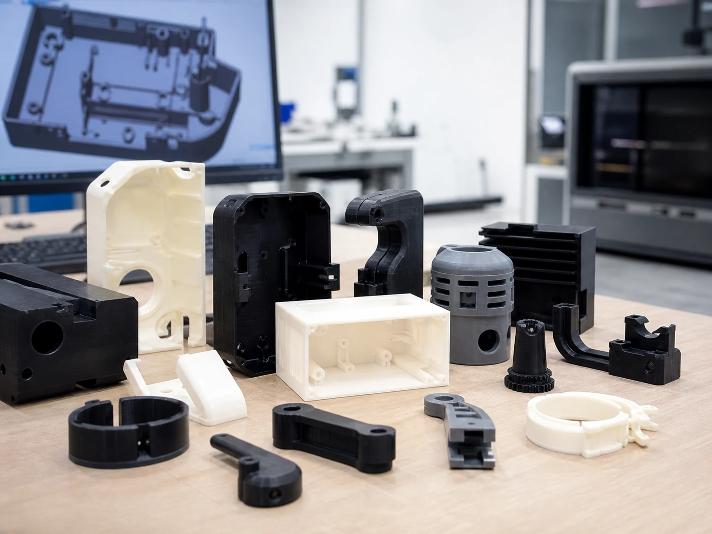 3D printed prototype samples including plastic housings, brackets, and functional parts