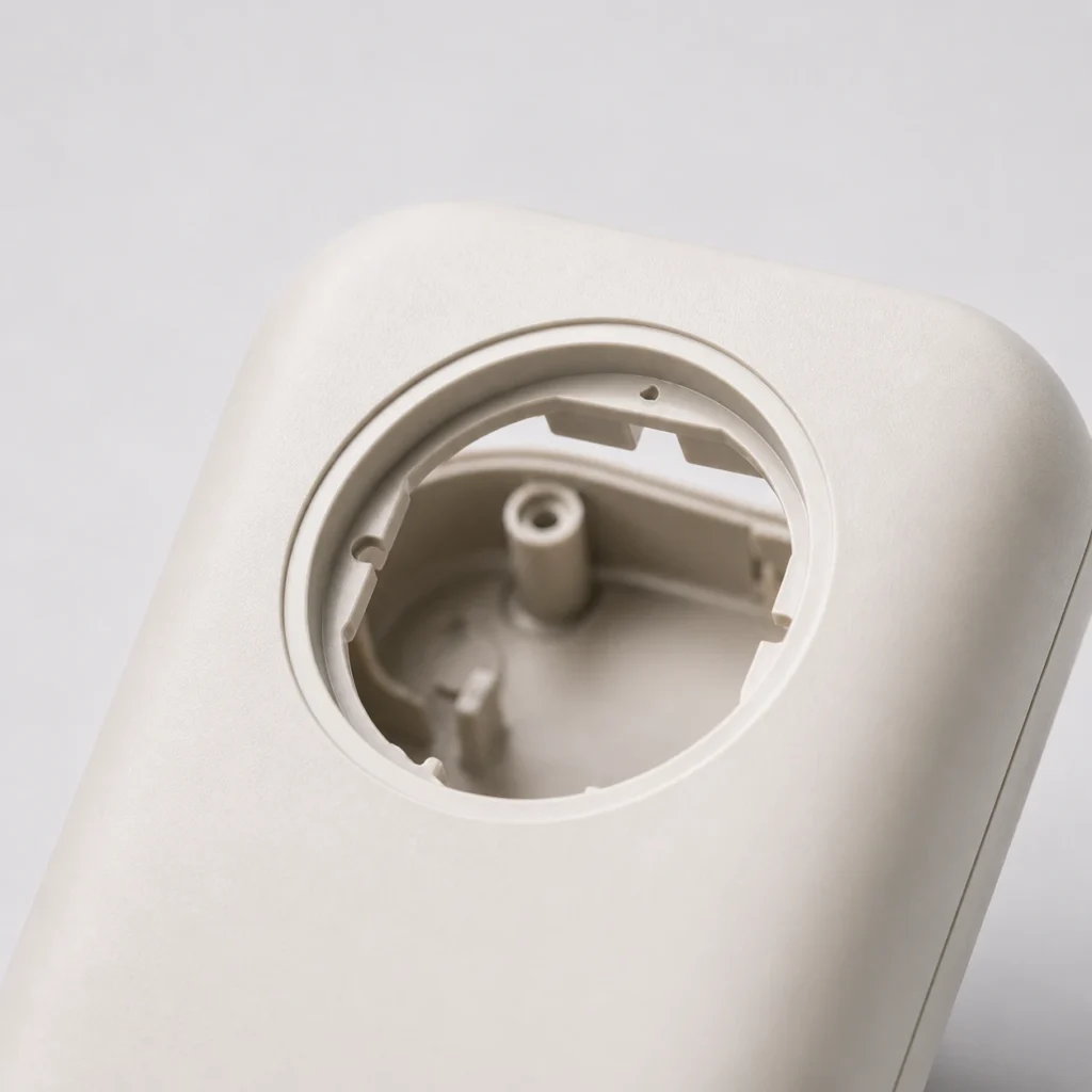 Close-up of round hole and inner snap-fit details on ABS consumer product housing