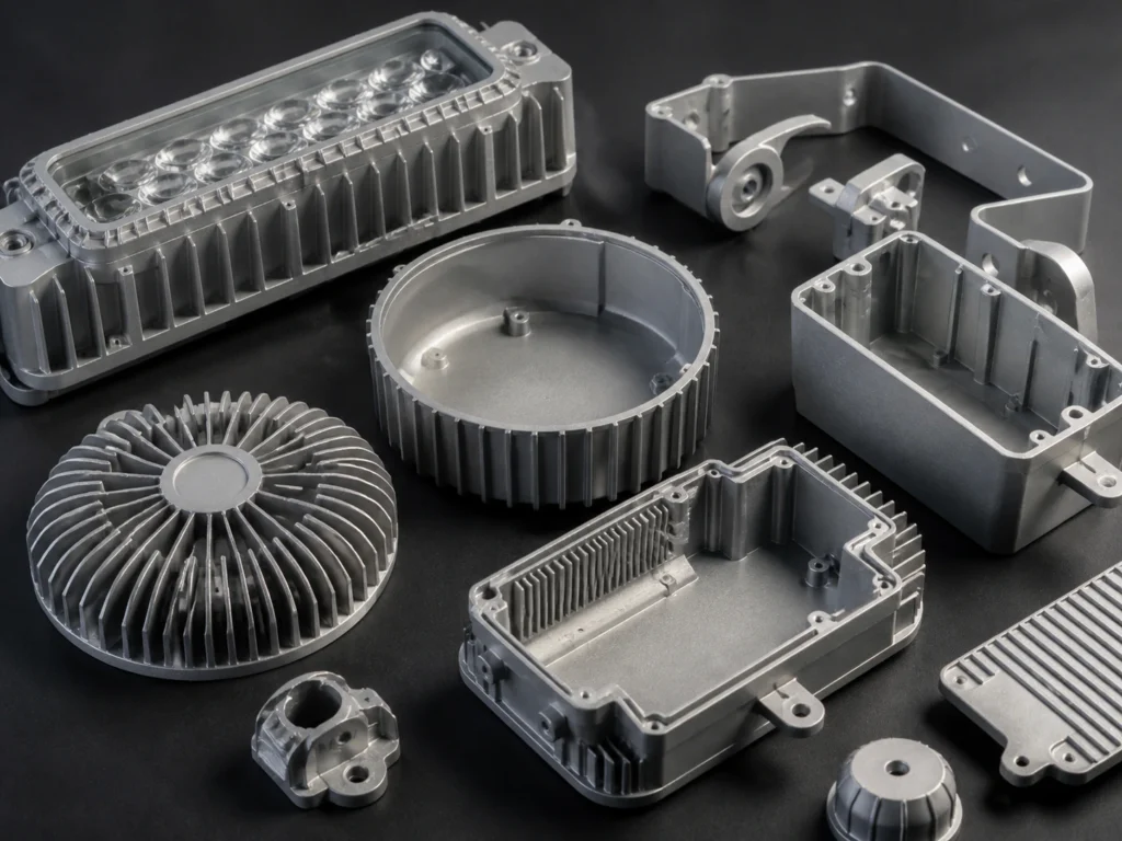 Aluminum die cast lighting components with heat sink structures