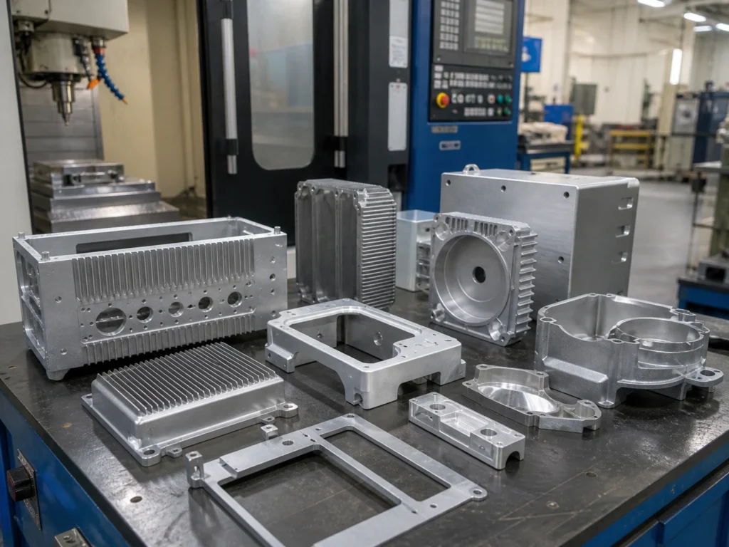 CNC machined metal housings and enclosure parts in a manufacturing workshop