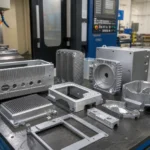 CNC machined metal housings and enclosure parts in a manufacturing workshop