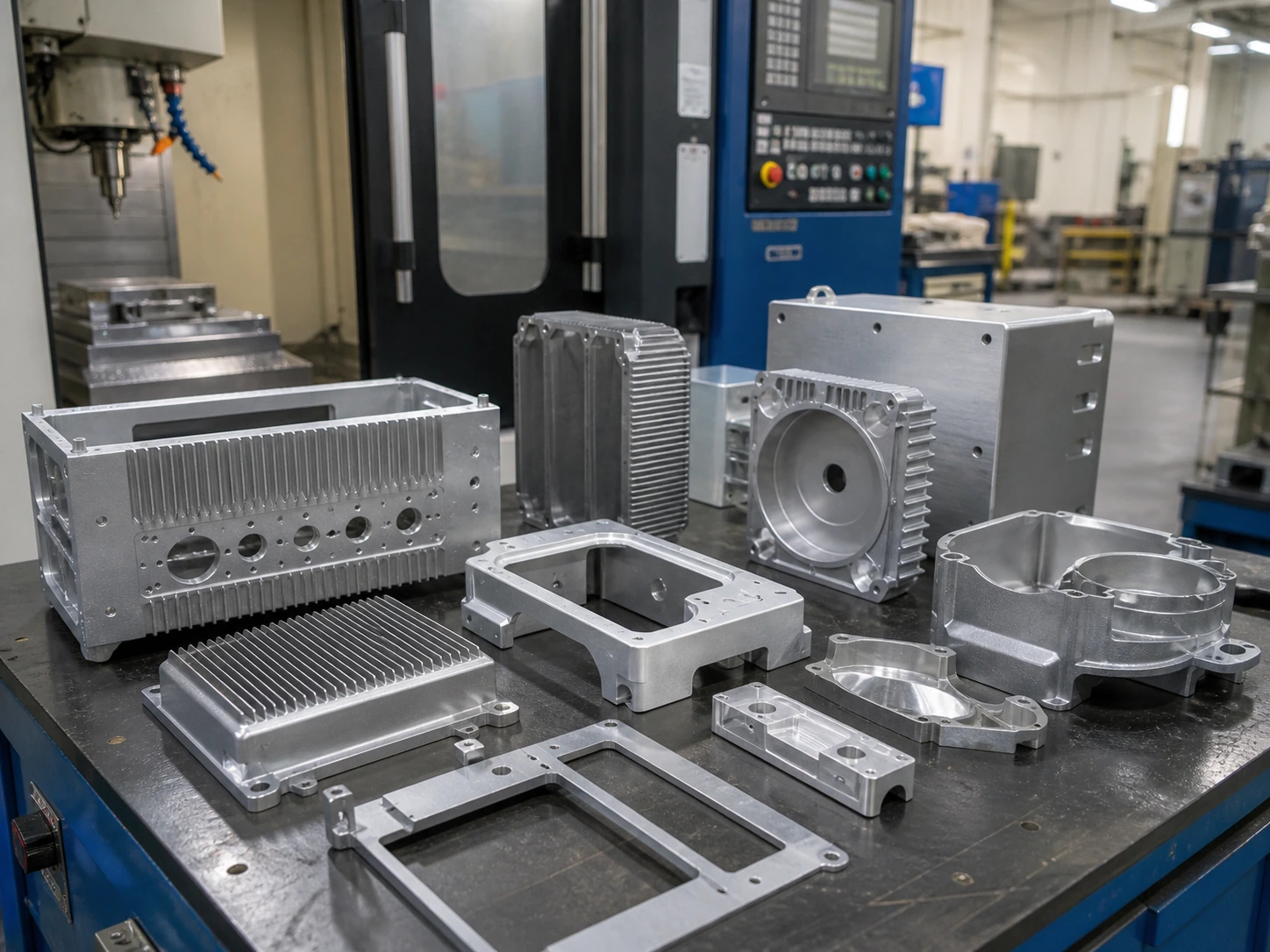 CNC machined metal housings and enclosure parts in a manufacturing workshop