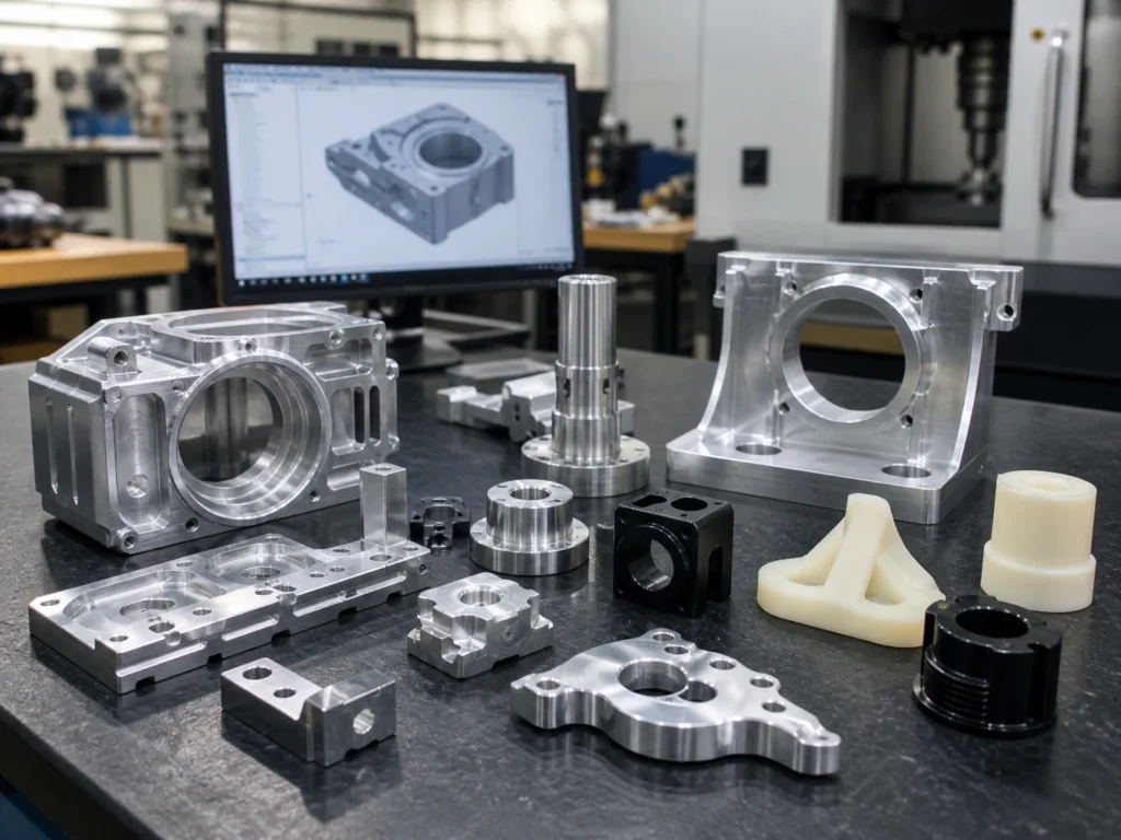 CNC machined prototype samples displayed on an engineering inspection table