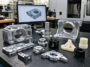 CNC machined prototype samples displayed on an engineering inspection table