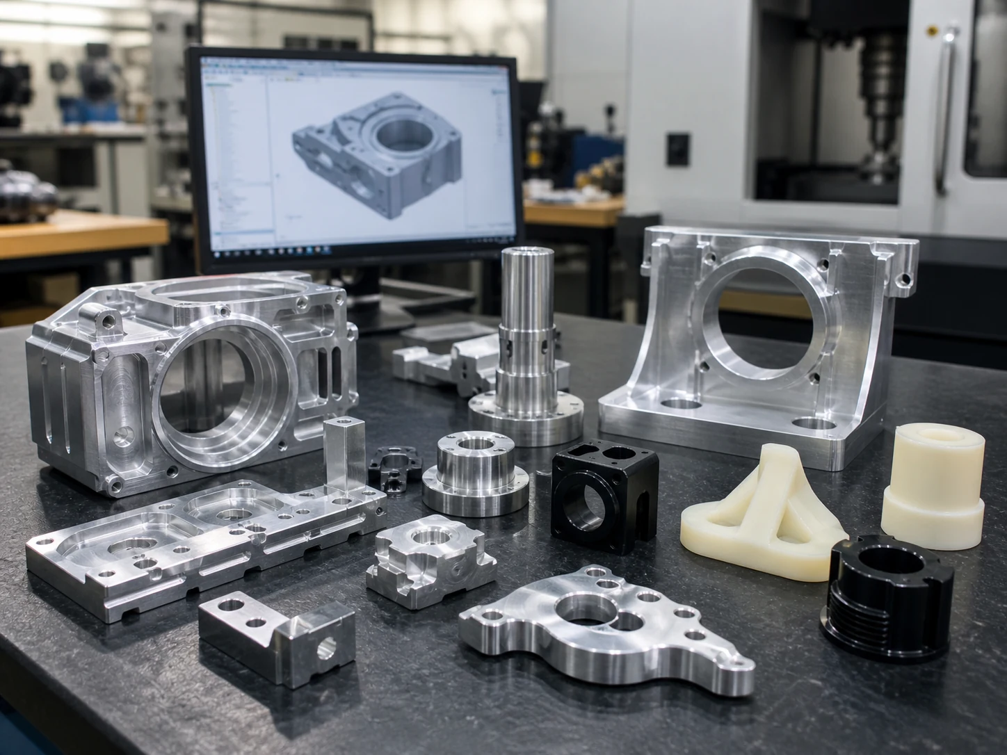 CNC machined prototype samples displayed on an engineering inspection table