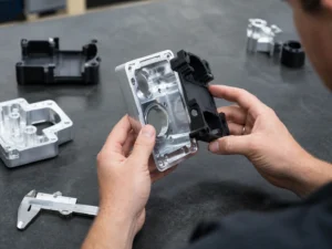 Technician checking the assembly fit of a CNC machined prototype housing and plastic component