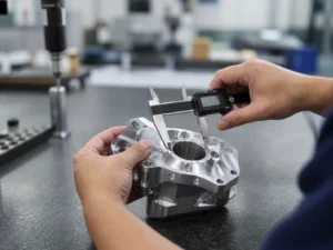 Technician measuring a CNC machined aluminum prototype part with a digital caliper