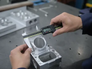 Technician measuring a CNC machined aluminum prototype part with a digital caliper