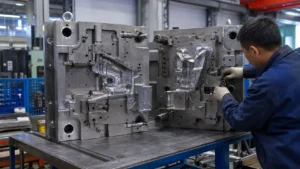 Large steel die casting mold halves being inspected in a factory workshop