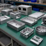 Custom metal housings and enclosures arranged on a factory workbench