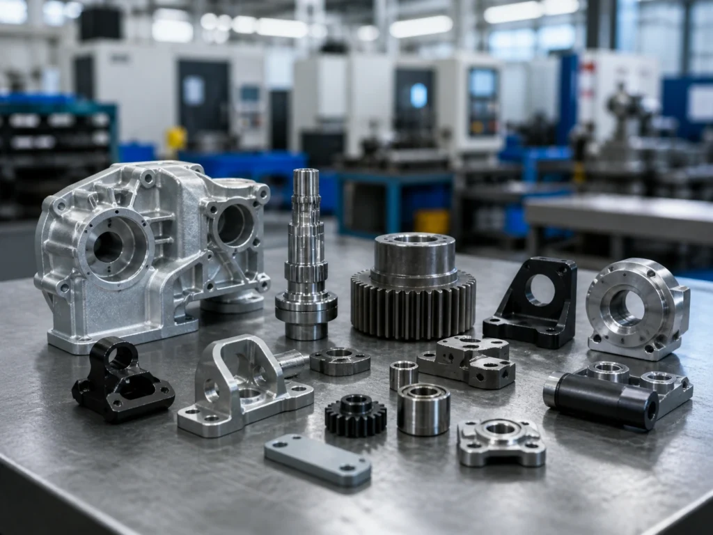 Custom motor housings, shafts, gears, and mechanical parts on a factory table