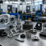 Custom motor housings, shafts, gears, and mechanical parts on a factory table