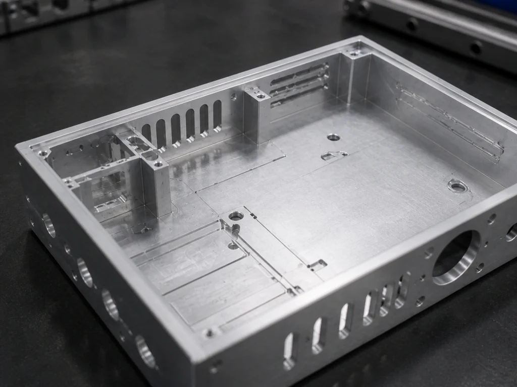 Detailed view of the front panel of a CNC machined aluminum enclosure with threaded holes and precision cut openings