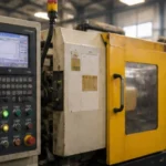 Die casting machine control panel and yellow casting machine in factory workshop