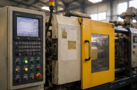 Die casting machine control panel and yellow casting machine in factory workshop