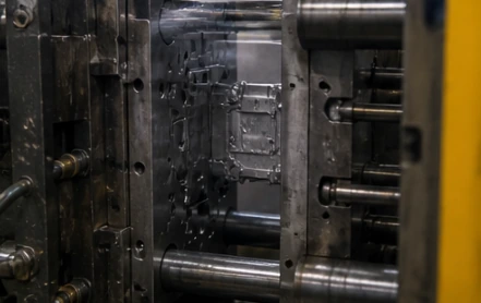 Close-up of die casting mold cavity during electronic component production