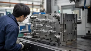 Technician inspecting a custom die casting mold on a CNC workshop machine table